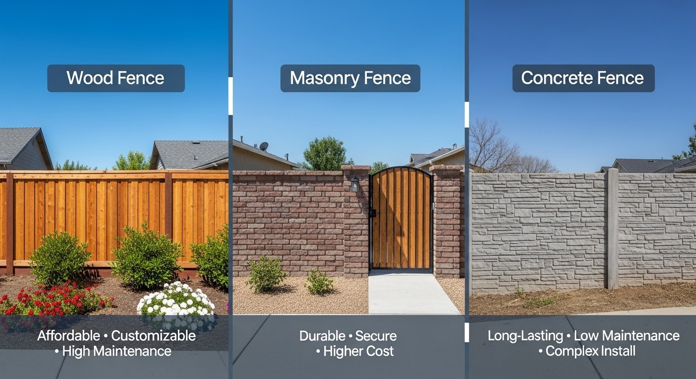 Side-by-side visual comparison of wood, masonry, and concrete fences in Riverside, showing style, maintenance needs, and durability with divider panels.