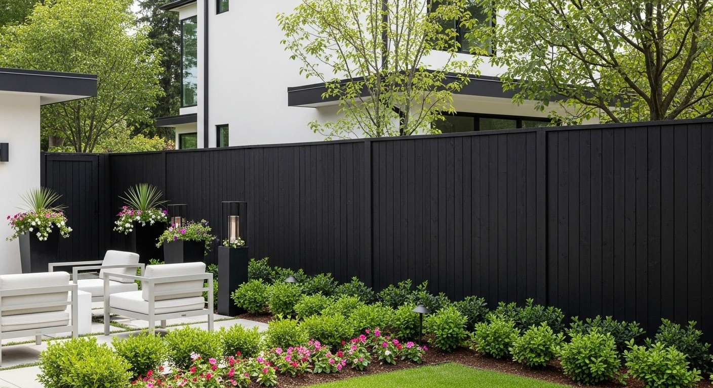Modern backyard in Riverside with a dark-stained or black-painted fence that adds contrast and sophistication to the outdoor space.