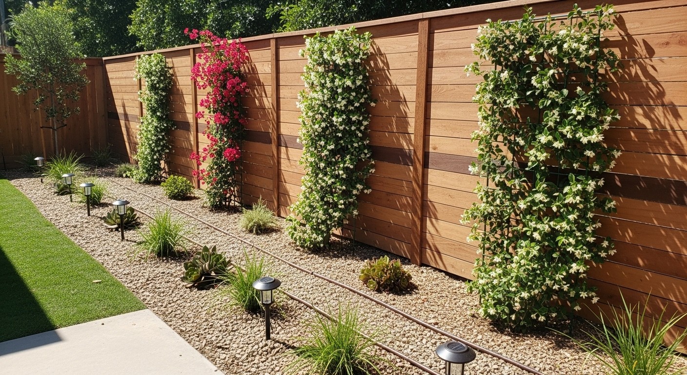 Eco-friendly fence in Riverside surrounded by low-water landscaping with succulents, native plants, and climbing greenery for sustainable outdoor design.