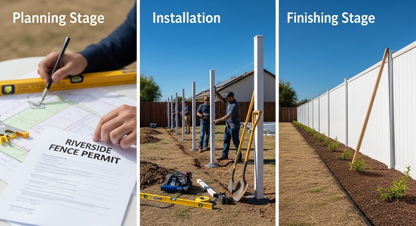 Three-step fence installation process in Riverside, including permit planning, leveling and post setting, and final panel installation under dry weather conditions.