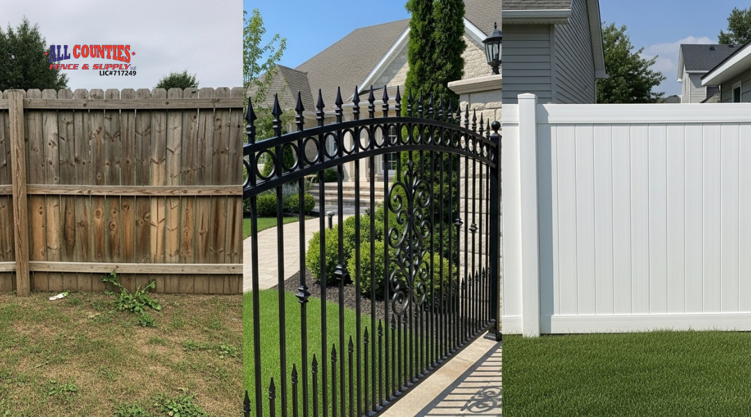 Side-by-side comparison of aging wood fence, elegant wrought iron fence, and simple vinyl fence highlighting differences in style, maintenance, and durability
