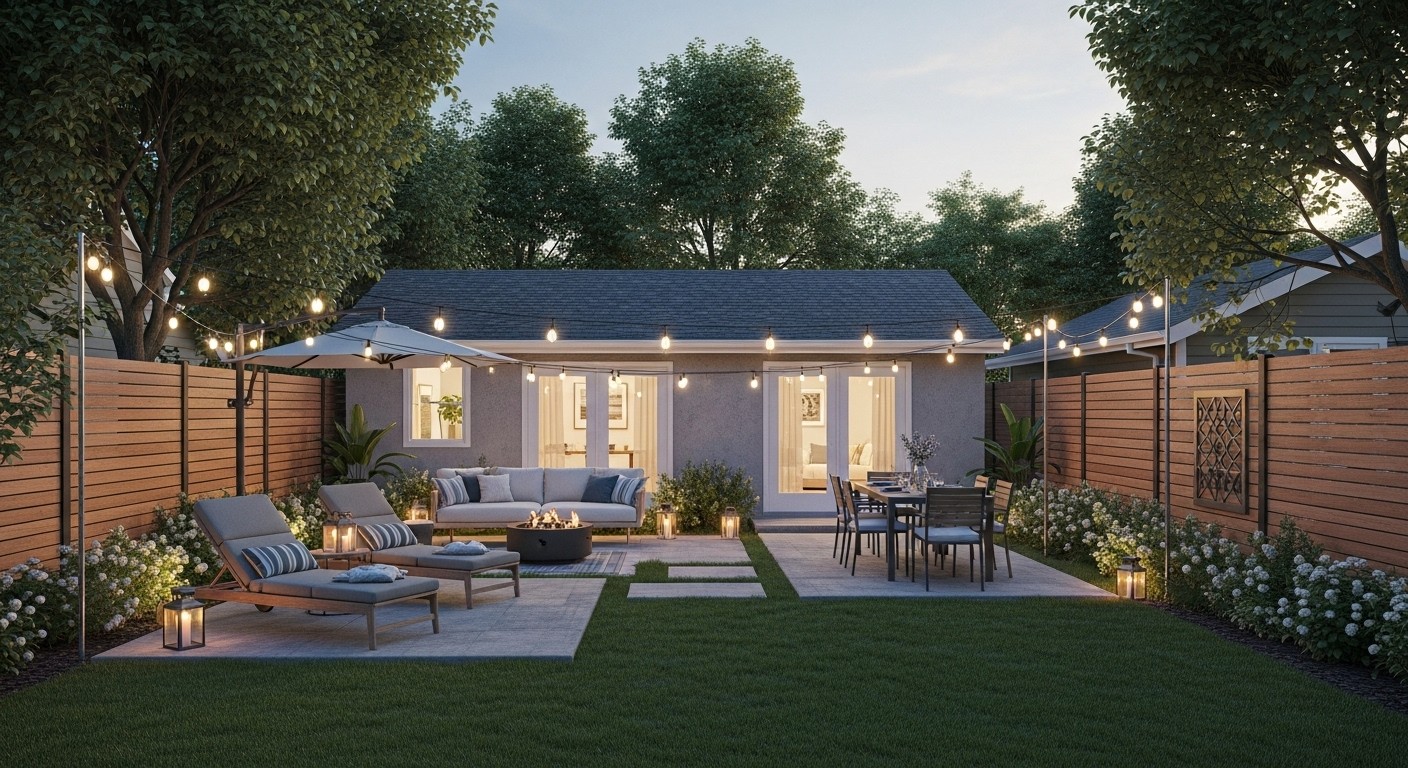 Beautiful backyard in Riverside with a stylish fence enclosing a patio area, showing how fencing can enhance outdoor living and relaxation.