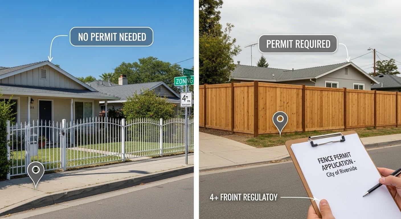 Residential property in Riverside with front and backyard fences of varying heights, illustrating when a permit is required based on local regulations.