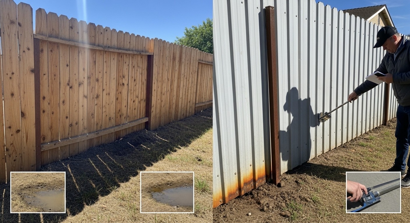 Wood and metal fences affected by Riverside’s heat, moisture, and soil conditions, showing warping, rust, and slight leaning due to erosion.