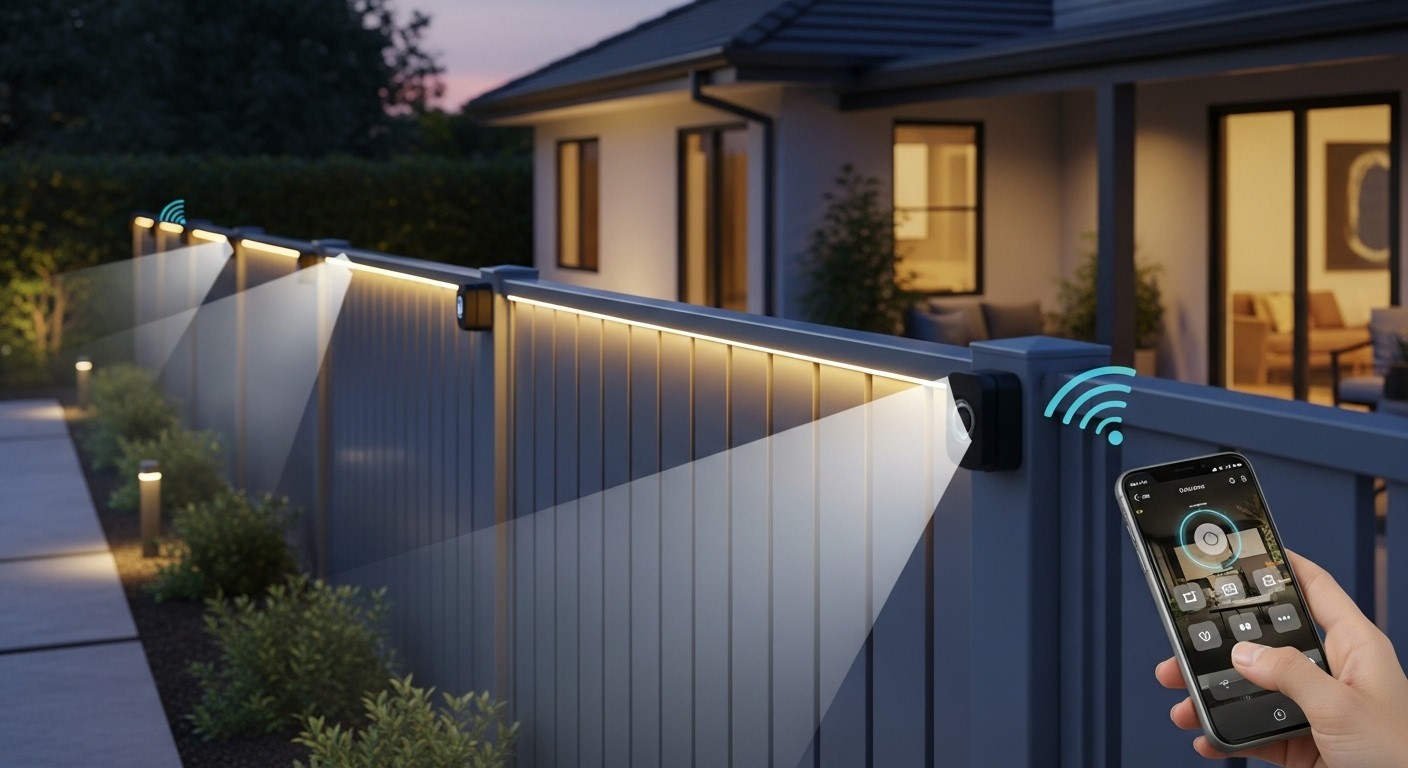 Smart fence with integrated lighting and security features around a modern Riverside home