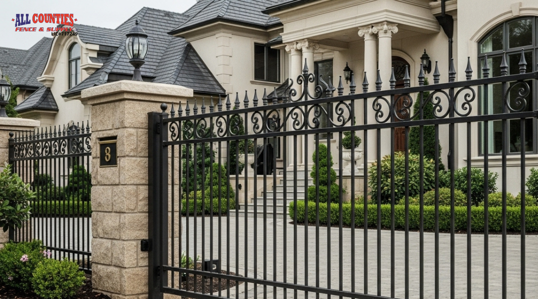 Ornate wrought iron fence surrounding an upscale estate, showcasing timeless design and luxury architecture