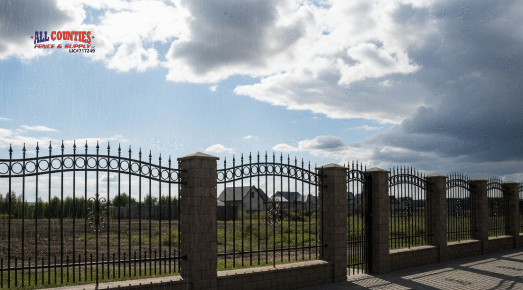 Weather-resistant wrought iron fence standing strong in changing Riverside climate with sun and rain elements