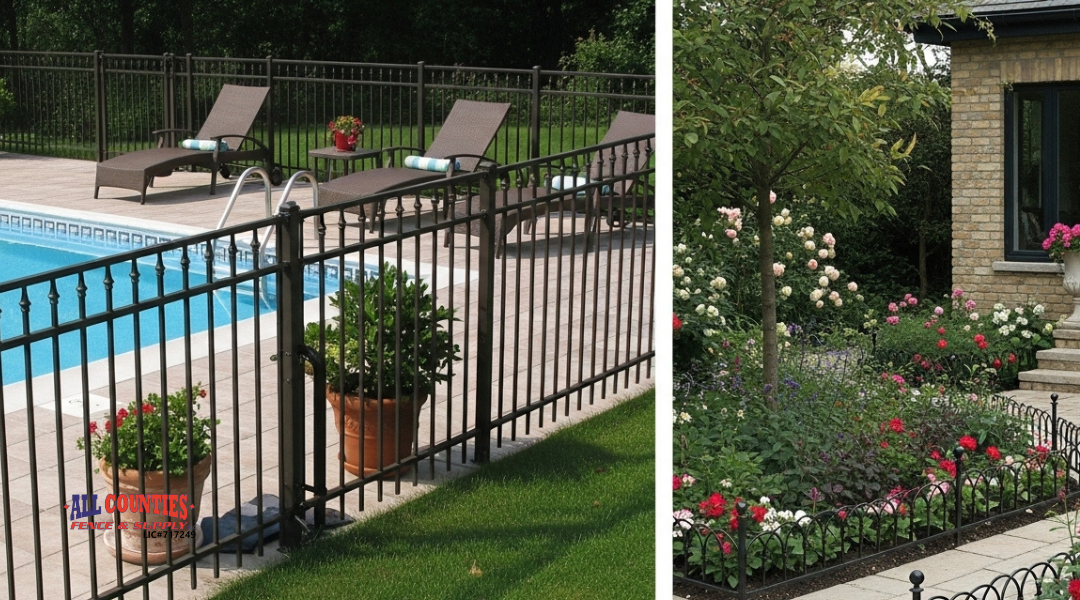 Elegant wrought iron fencing used for a pool enclosure and decorative garden borders, blending safety and style