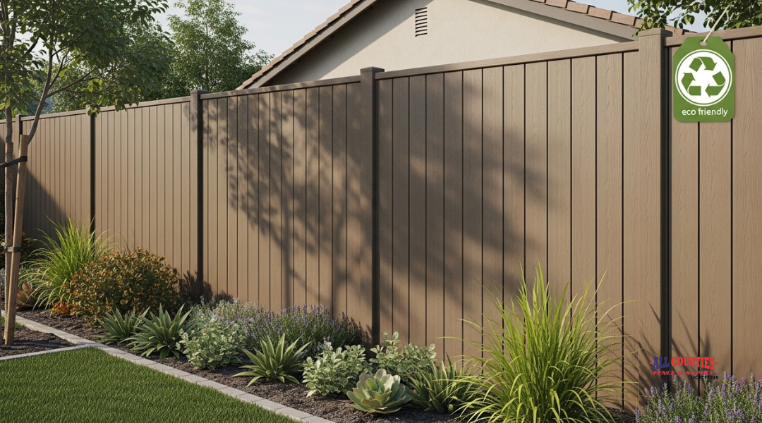 Modern backyard with composite fencing made from recycled wood and plastic, surrounded by low-maintenance landscaping.