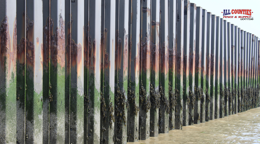 Rusted fence hinge and loose screw on a gate showing corrosion and wear from wind and moisture in Riverside, CA.

