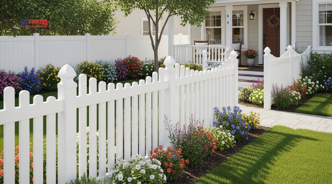 White vinyl picket fence in a Riverside front yard with flowers and a welcoming home, showing decorative charm and fade resistance.