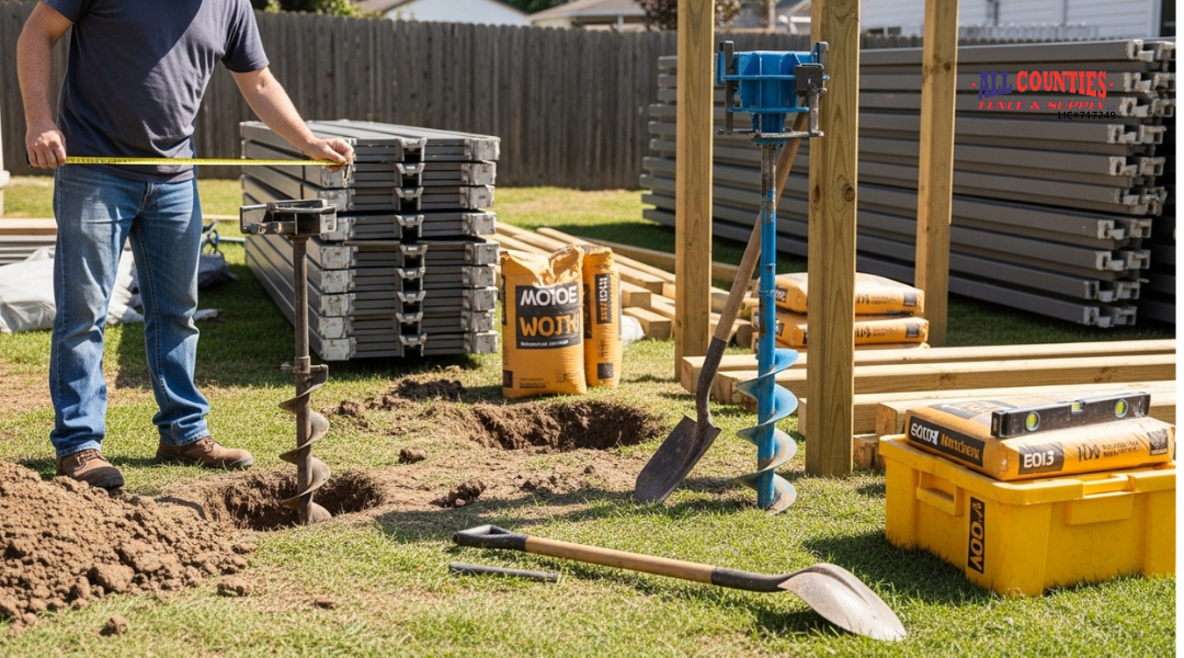 Homeowner preparing for DIY fence installation with tools, fence panels, and concrete laid out in a backyard.