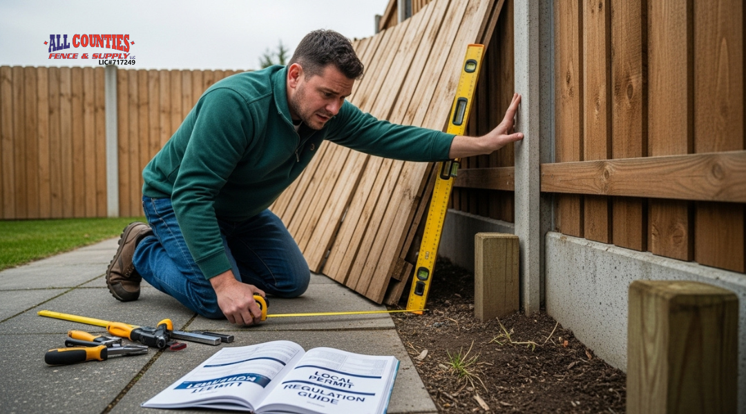 Homeowner facing challenges from a leaning DIY fence with tools scattered and a local permit guide on the ground.
