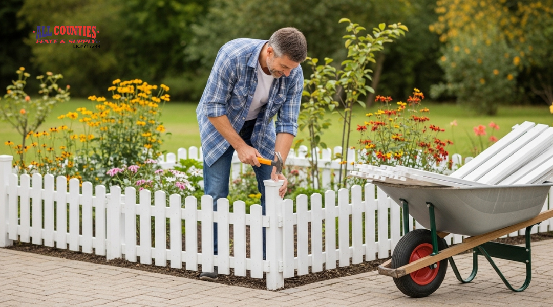 Homeowner installing a small picket fence around a garden, using simple tools and weekend-friendly materials.