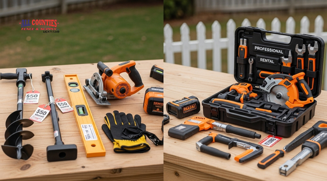 Comparison of DIY tools and professional equipment used for fence installation, displayed on a workbench.