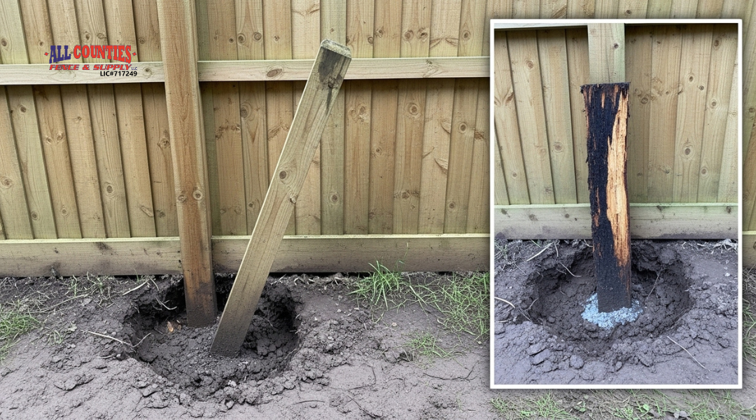 Leaning wood fence post with exposed soil erosion, rotted base, and shallow installation in a Riverside, CA backyard.

