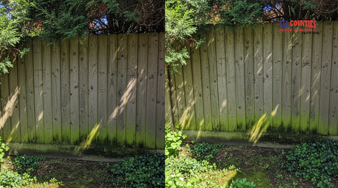 Wood fence in Riverside with discoloration and mold growth caused by rain exposure, shade, and limited airflow.

