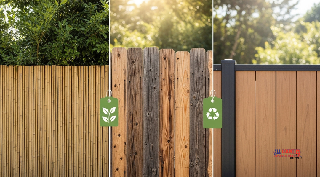 Eco-friendly fence materials including bamboo, reclaimed wood, and composite fencing in a backyard setting.