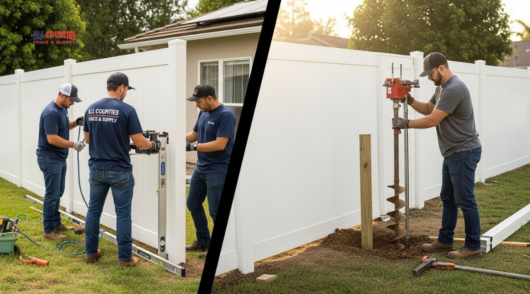 Side-by-side vinyl fence installation in Riverside: one professionally installed, the other DIY, showing differences in process and finish.