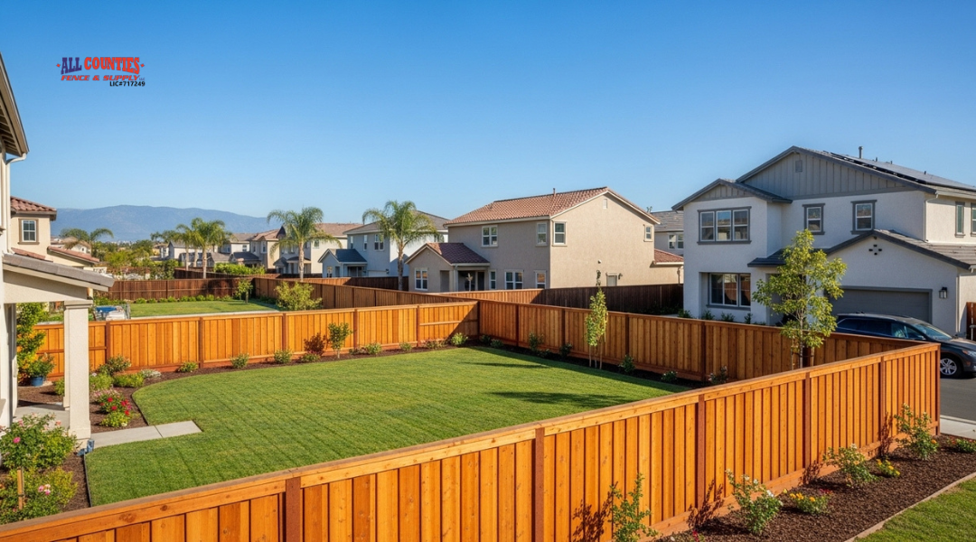 Cedar and redwood wood fences in a Riverside County HOA neighborhood with landscaped yards.

