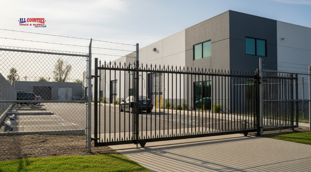 Secure chain-link and iron fencing around a Riverside commercial property to deter trespassing and enhance safety.

