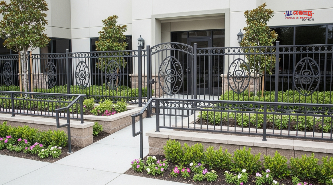 Custom decorative iron fencing and gate enhancing the curb appeal of a Riverside business complex.

