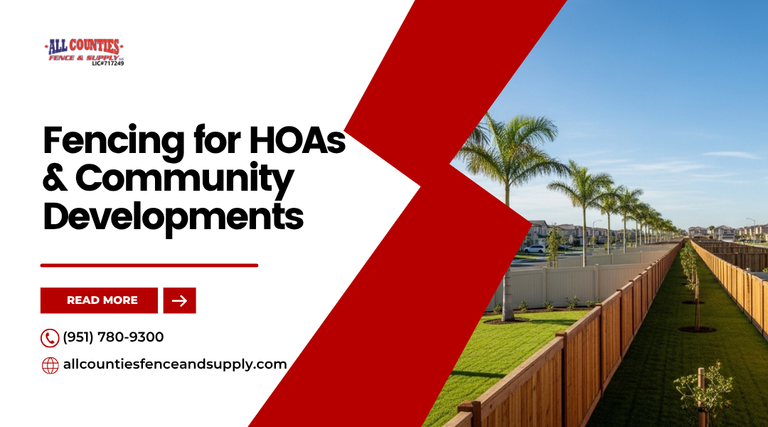 Modern HOA community in Riverside County with uniform vinyl and wood fencing along landscaped streets.