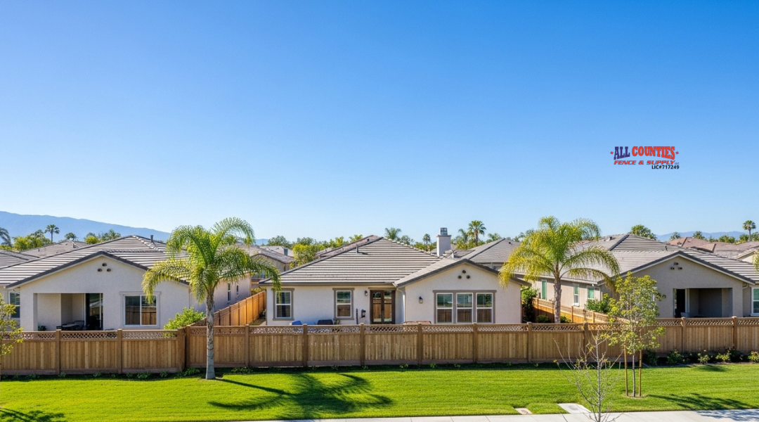 HOA community in Riverside County with secure vinyl fences, decorative wood panels, and landscaped yards.

