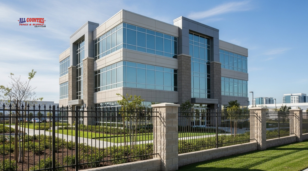 Ornamental wrought iron fence providing security and curb appeal for a commercial office in Riverside.

