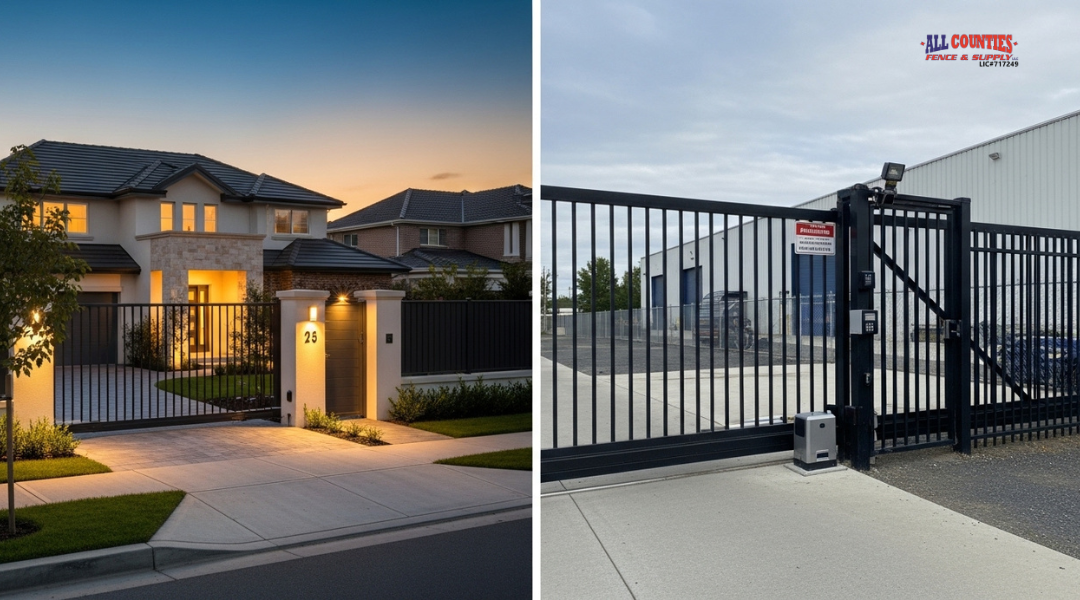 Residential and commercial properties with different gate types — a stylish driveway gate for a home vs a secure sliding gate for a business.