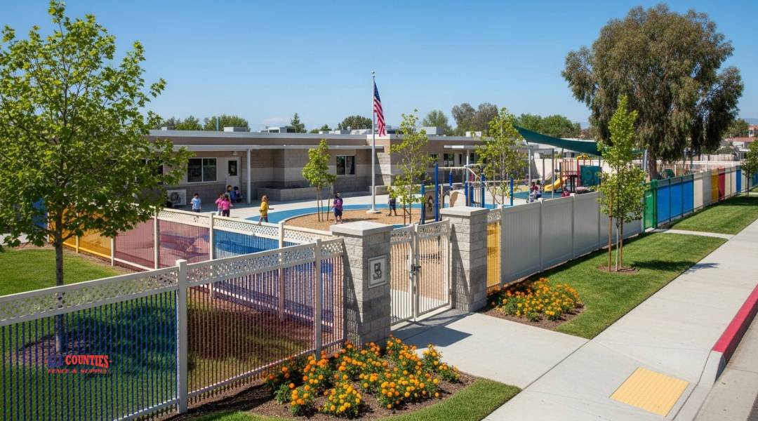 School in San Bernardino with secure yet inviting fencing, combining chain-link, ornamental, and privacy panels.