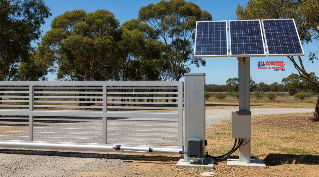 Solar-powered gate system with photovoltaic panels and backup battery, designed for energy-efficient operation in remote or eco-conscious properties.