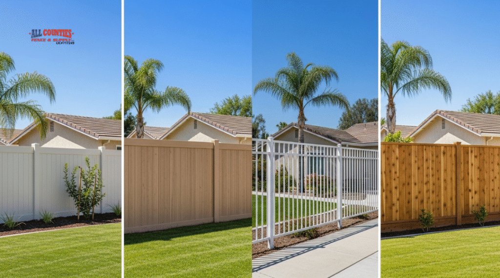 Collage showing vinyl, composite, aluminum, and cedar fences approved for Riverside County HOAs.

