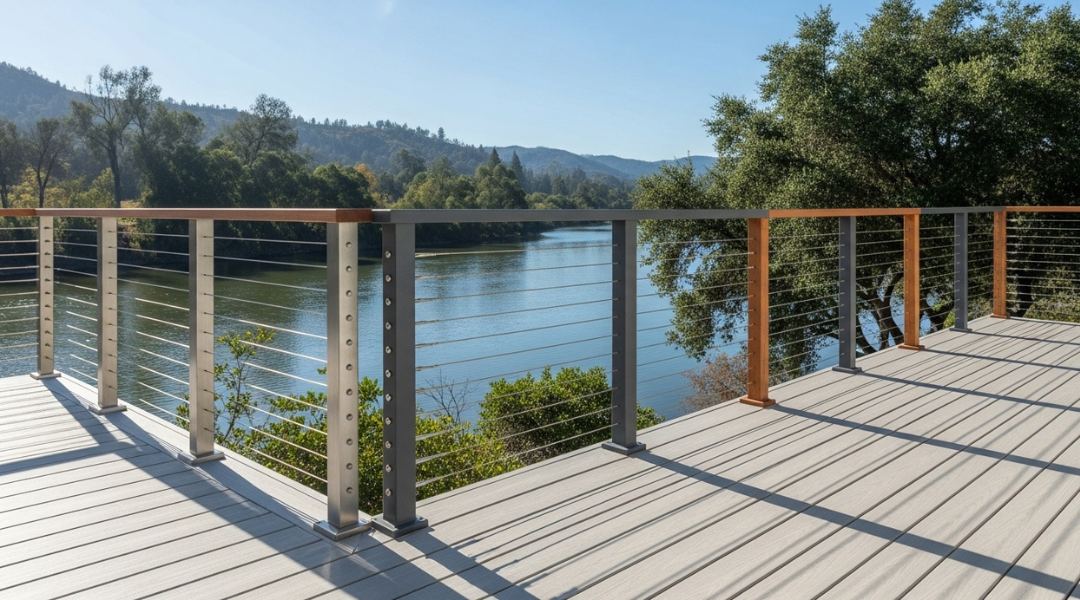 Cable railing system with stainless steel, aluminum, and wood post options on a riverside deck.