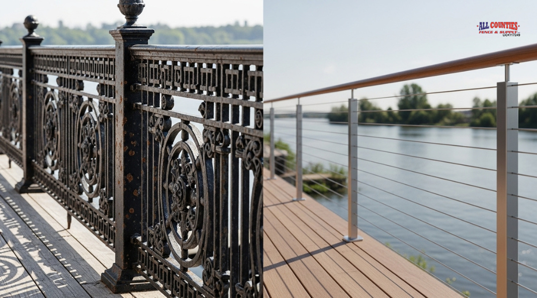 Comparison of iron railing versus stainless steel cable railing on a riverside deck.