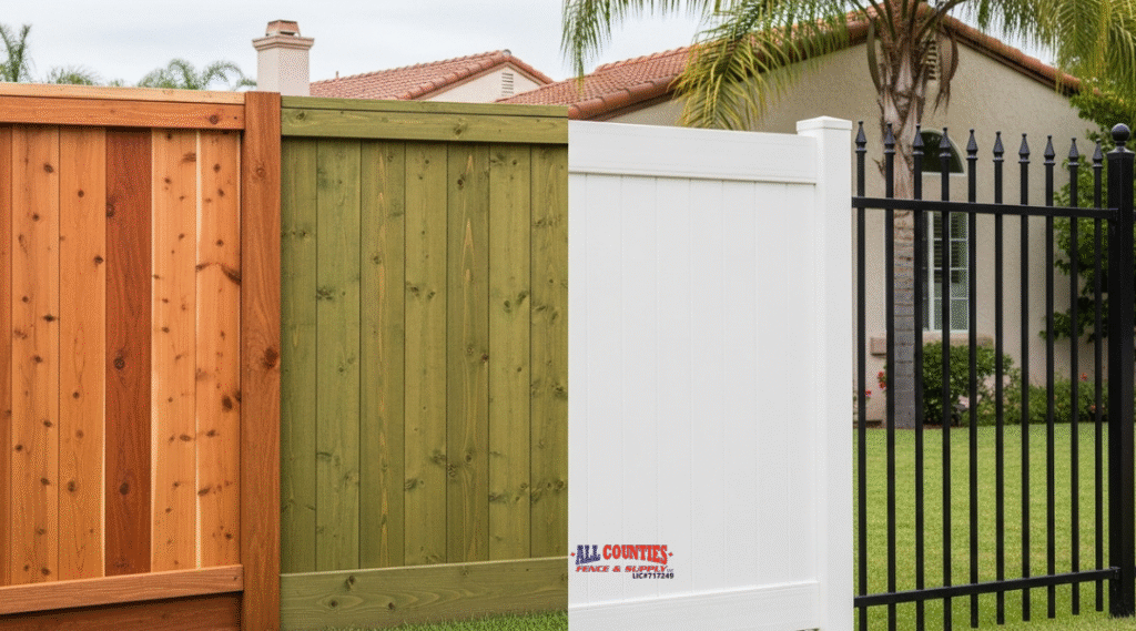 Comparison of redwood, cedar, pressure-treated lumber, vinyl, and steel fences for termite resistance.
