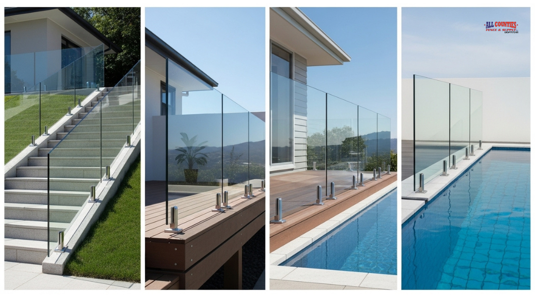 Four examples of glass fence integration: stairs, decks, balconies, and pool coping.