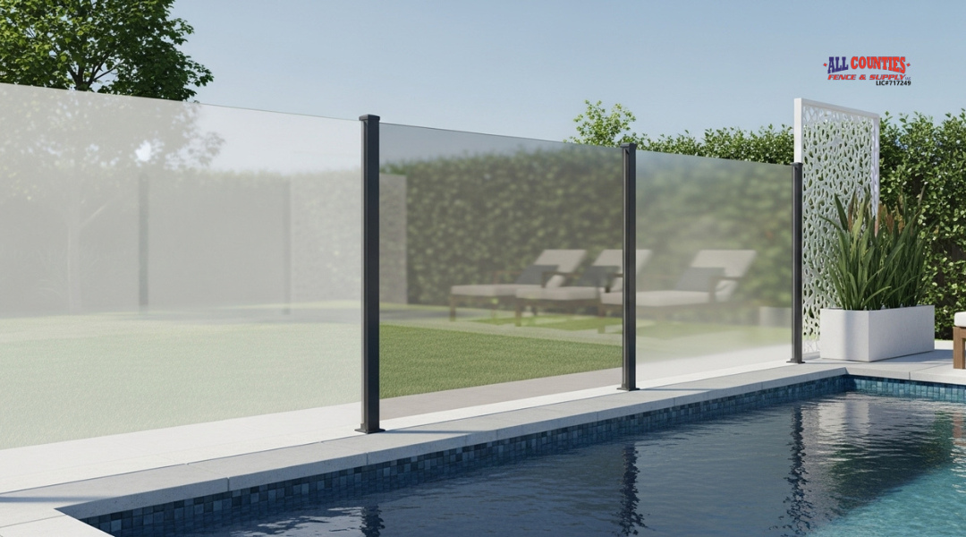 Glass fence privacy options with clear, tinted, and frosted panels plus landscaping screen for added seclusion.