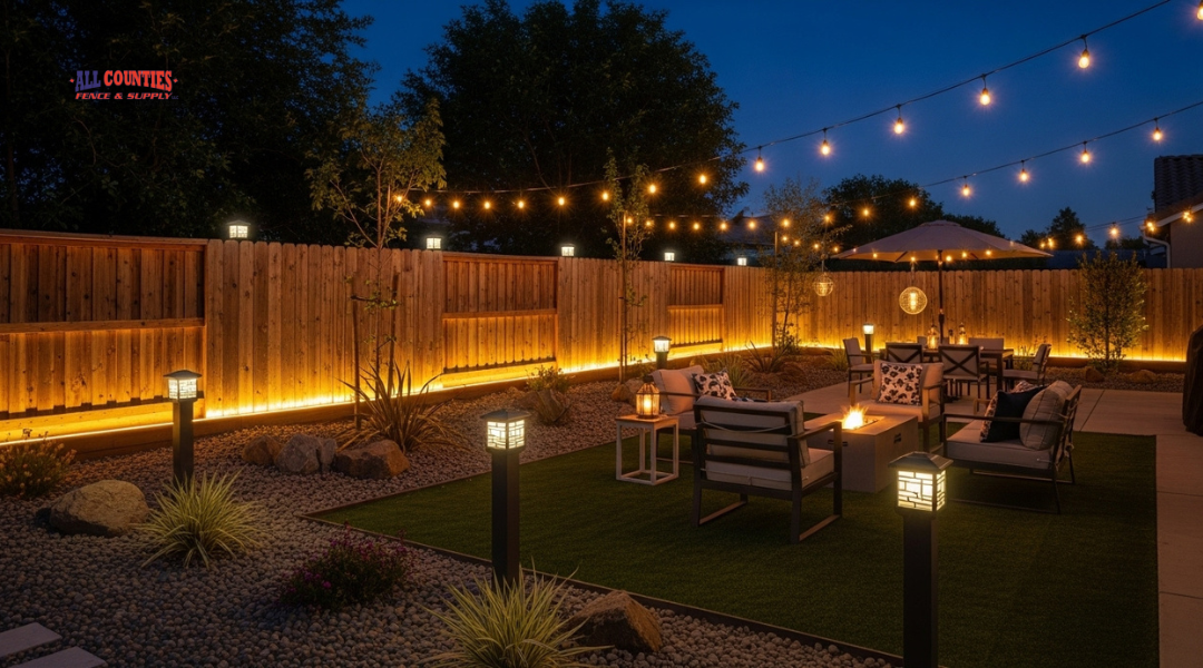 Warm fence lighting in an Inland Empire backyard with solar caps, LED strips, and lantern fixtures creating nighttime curb appeal.