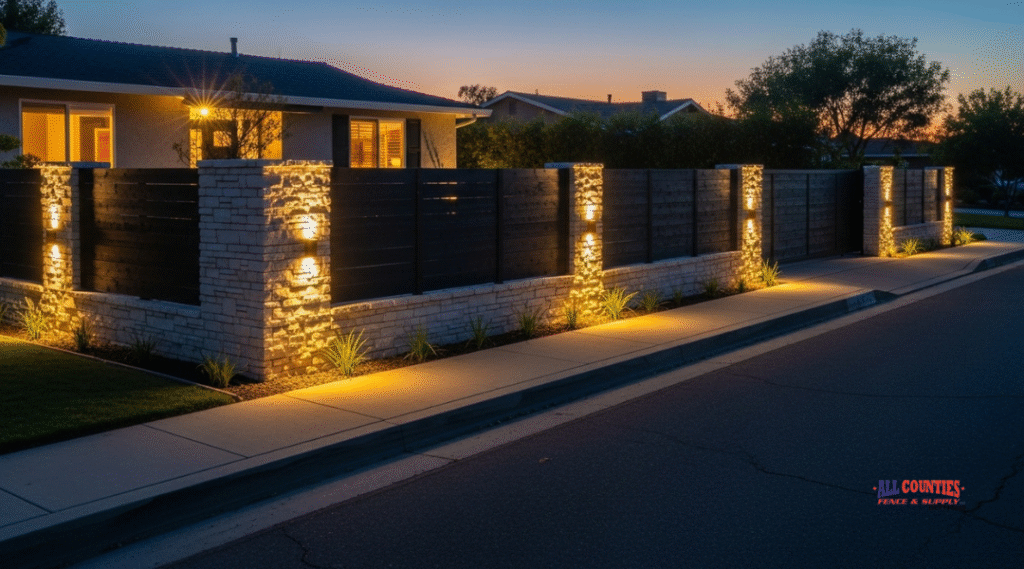 Low-mounted fence lighting in Riverside driveway designed to reduce glare and maintain safe sightlines for drivers and pedestrians.