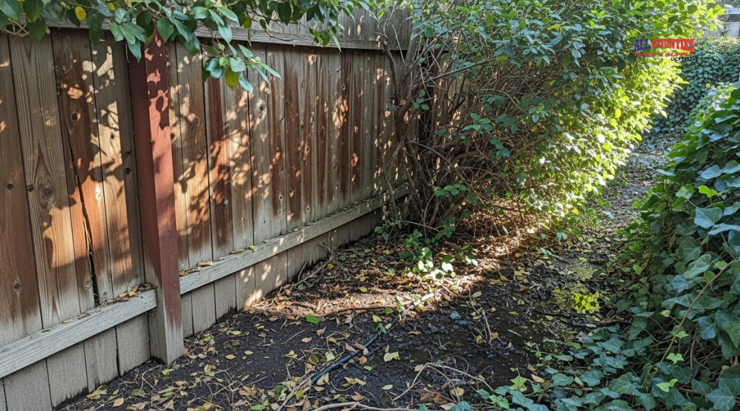 Wooden fence in Riverside with damp soil and dense landscaping increasing termite risk.