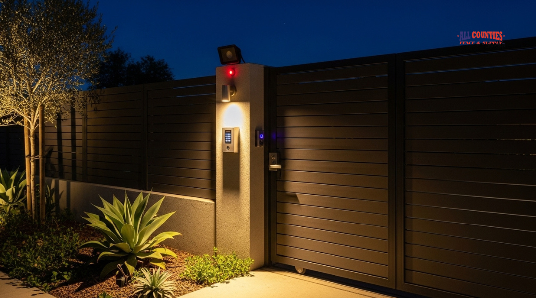Gate with keypad task lighting in Riverside, showing motion-activated fixture for security and convenience at night.
