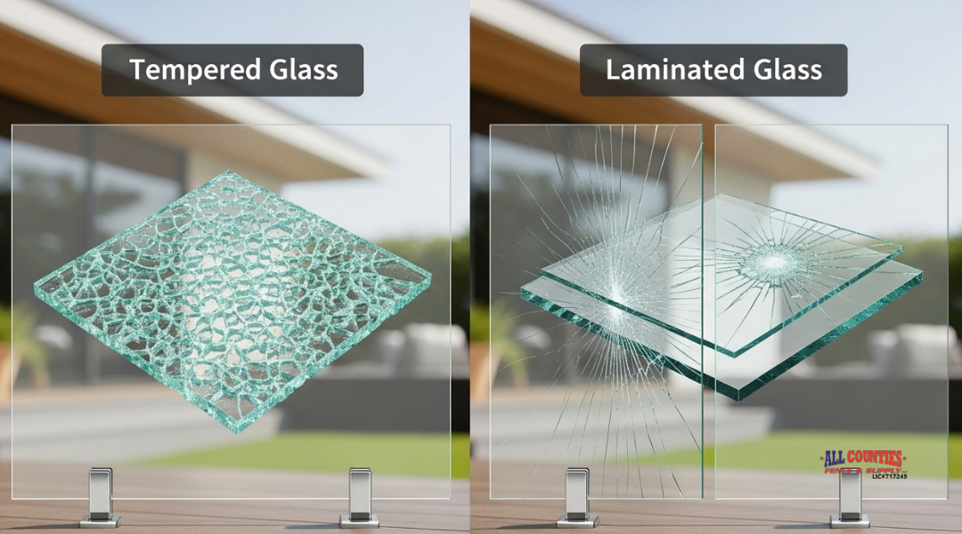Comparison of tempered vs laminated glass panels for fences, showing differences in thickness, strength, and safety features.