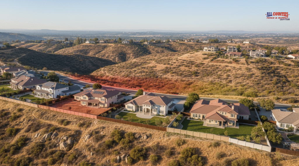 Aerial view of California hillside homes in wildfire risk zones with non-combustible fencing.