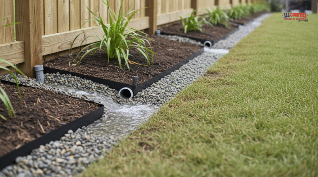 Gravel trench and proper drainage setup along a wooden fence line after rain.