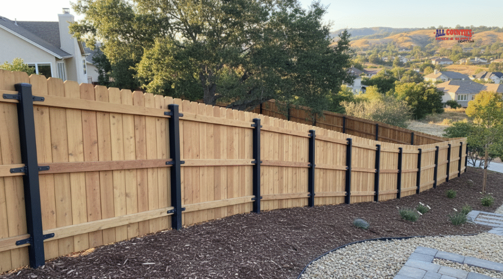 Hybrid fence installation combining stepped and racked panels for sloped Riverside terrain.