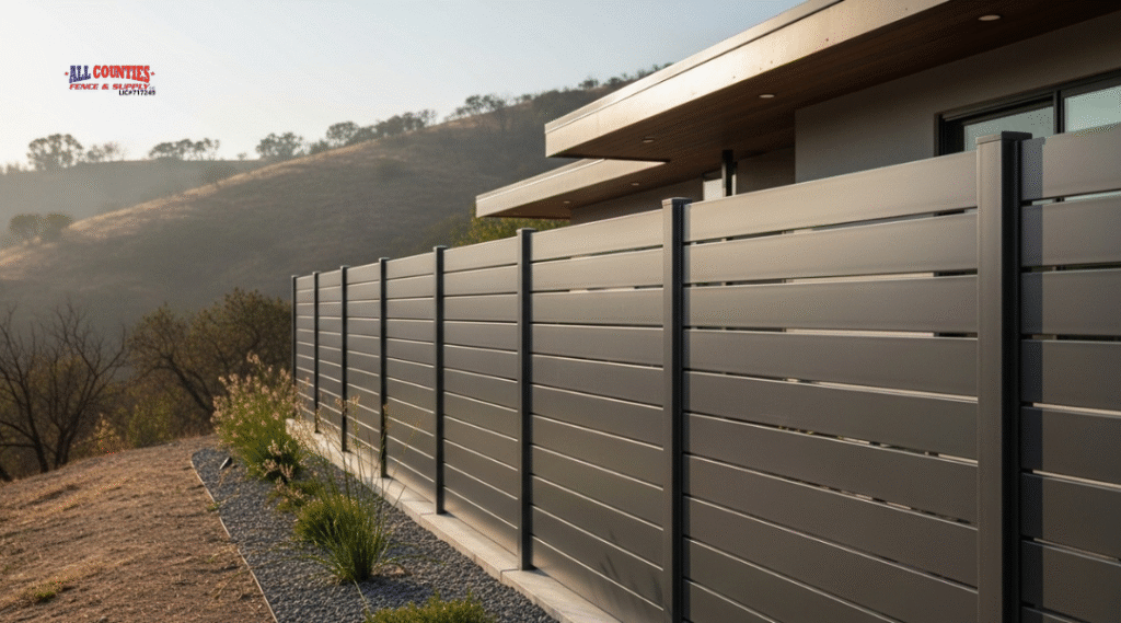 Modern metal fence made of steel and aluminum panels protecting a California home in a wildfire-prone area.