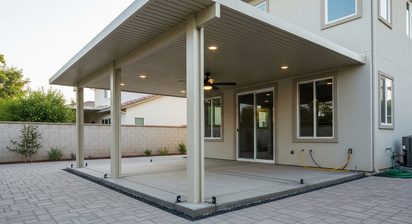Patio cover attached directly to a concrete slab with integrated fan and lighting, showing clean electrical setup and no footings required — built by All Counties Fence & Supply in Southern California.