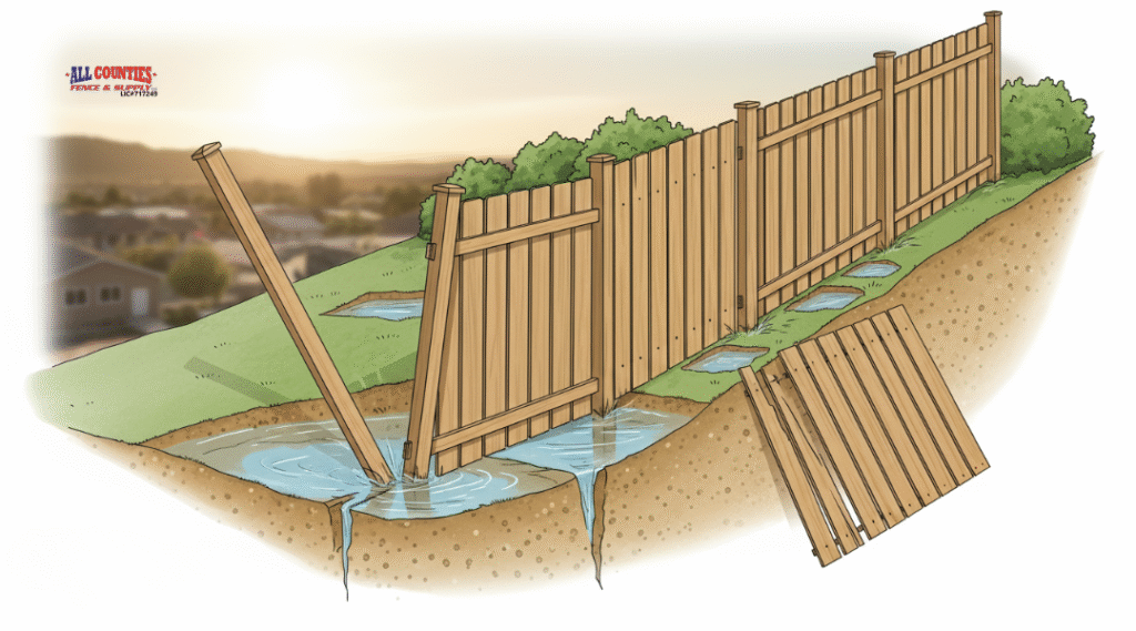 Common problems with standard fence installation on uneven terrain, including leaning posts, base gaps, and water pooling.