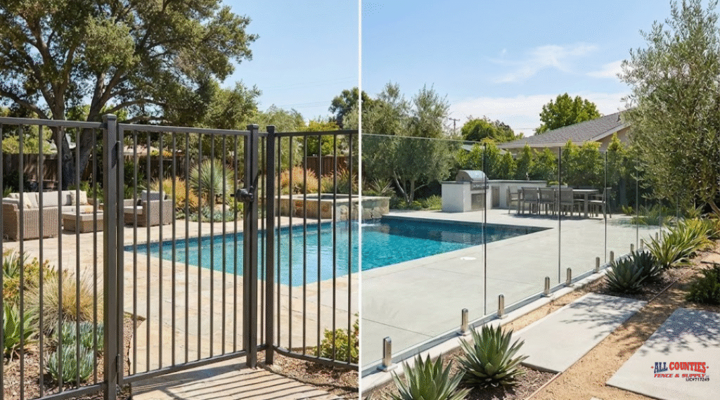 Comparison view of iron pool fencing and frameless glass pool fencing in a Riverside backyard showing safety spacing, durability, and clear visibility.